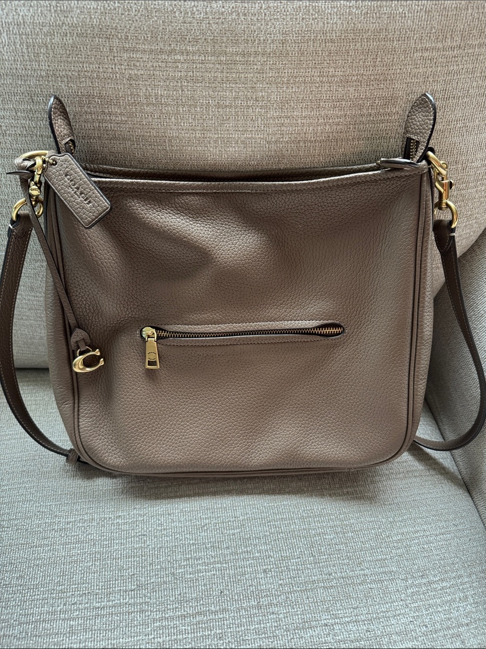 Coach Pebbled Leather Shoulder Bag in Taupe with Gold Hardware